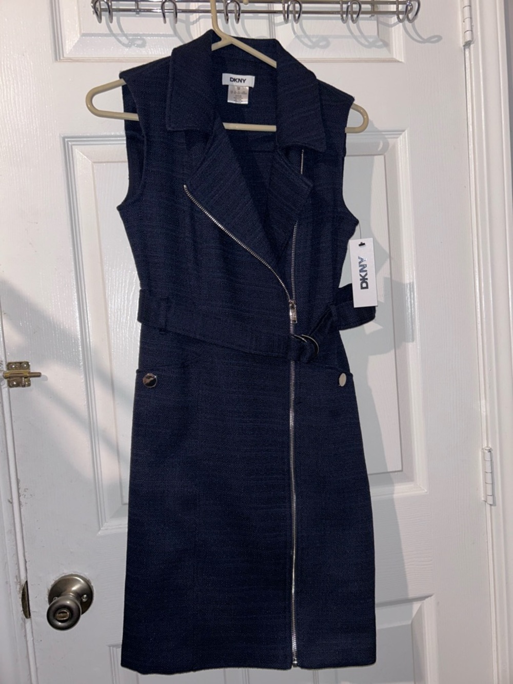 DKNY Navy Sleeveless Zip-Front Belted Midi Dress